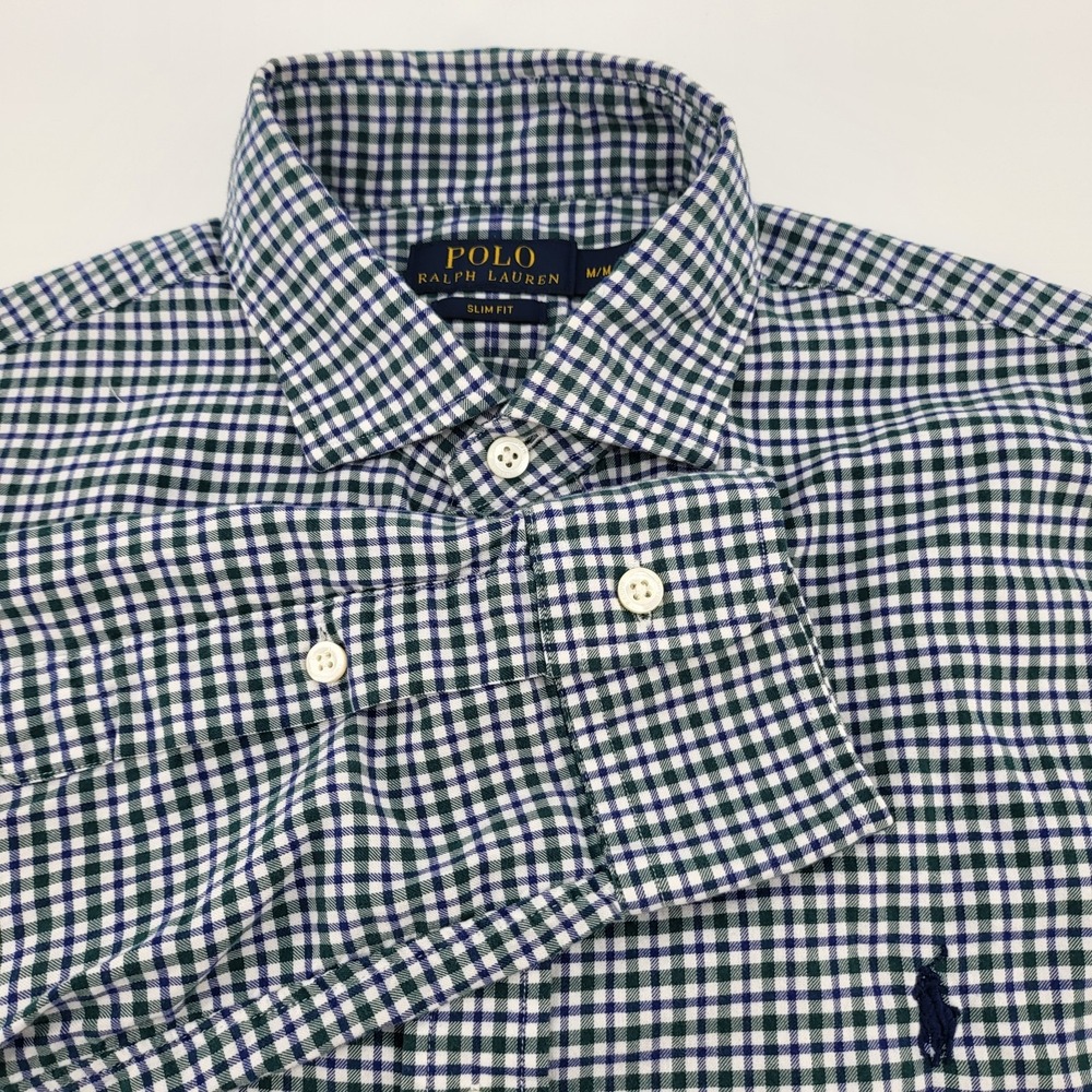 Polo Ralph Lauren‎ Slim Fit Mens Green Blue White Long Sleeve Plaid Shirt Medium